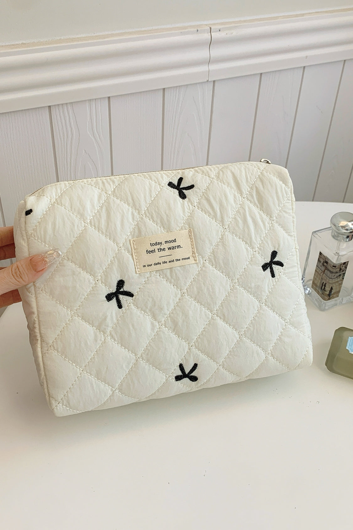 Bow Embroidered Quilted Storage Bag - The Daily Makeover