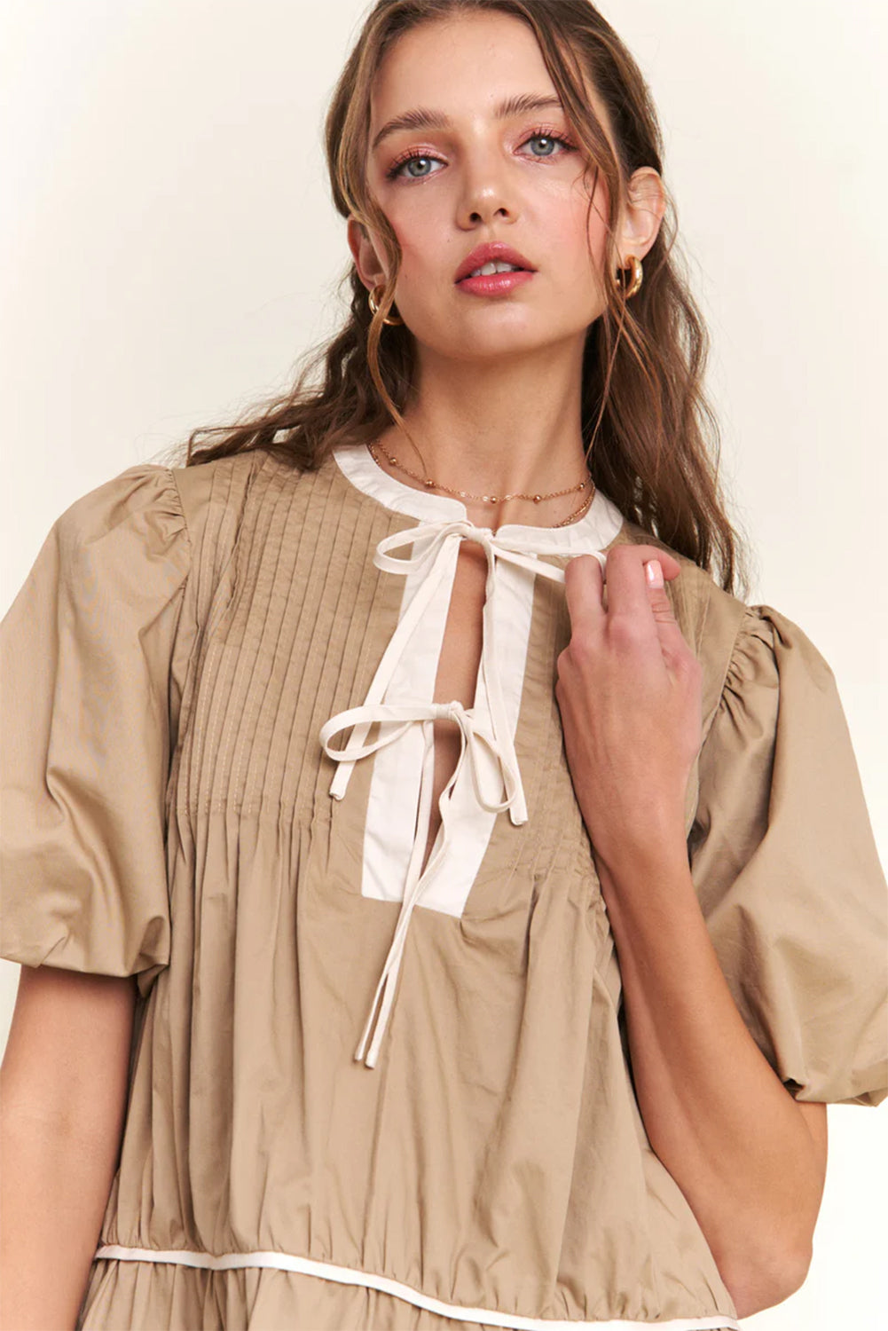Pale Khaki Knot Front Pleated Tiered Mini Dress - The Daily Makeover