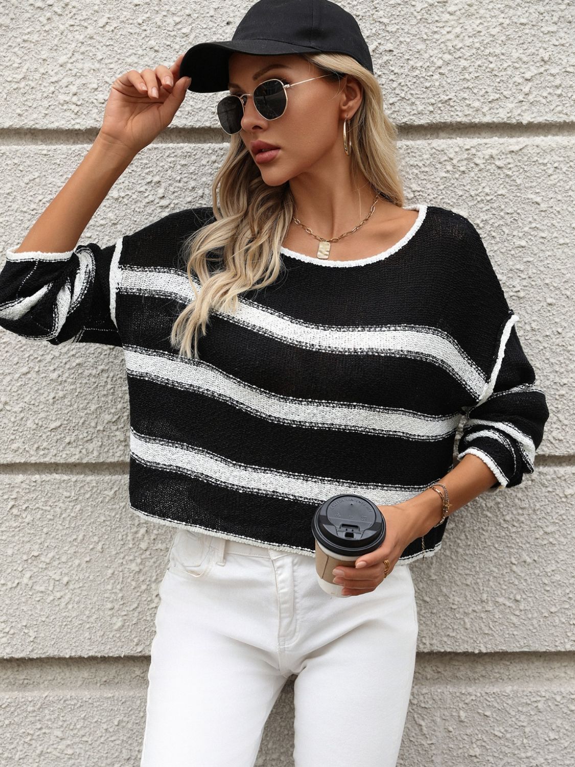 Striped Round Neck Long Sleeve Sweater - The Daily Makeover