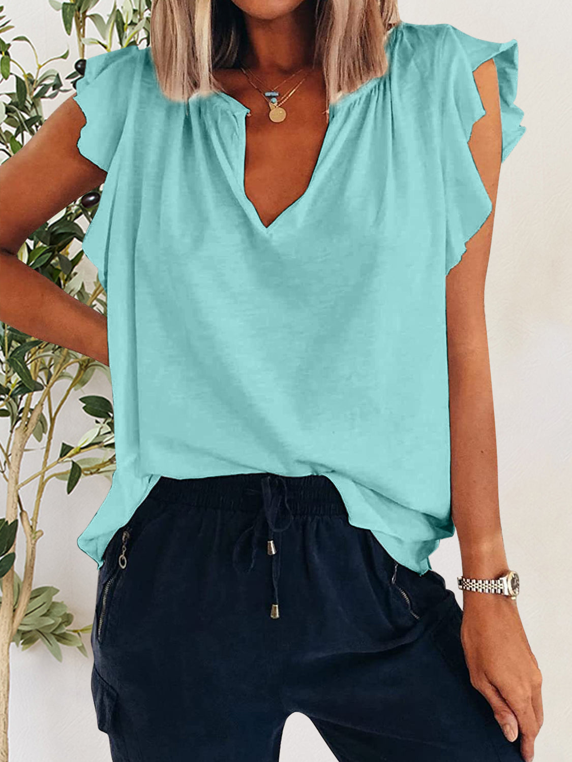 Ruffled Notched Cap Sleeve T-Shirt - The Daily Makeover