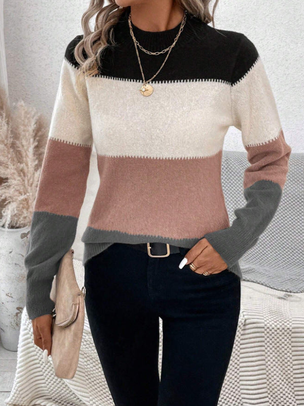 Color Block Mock Neck Long Sleeve Sweater - The Daily Makeover