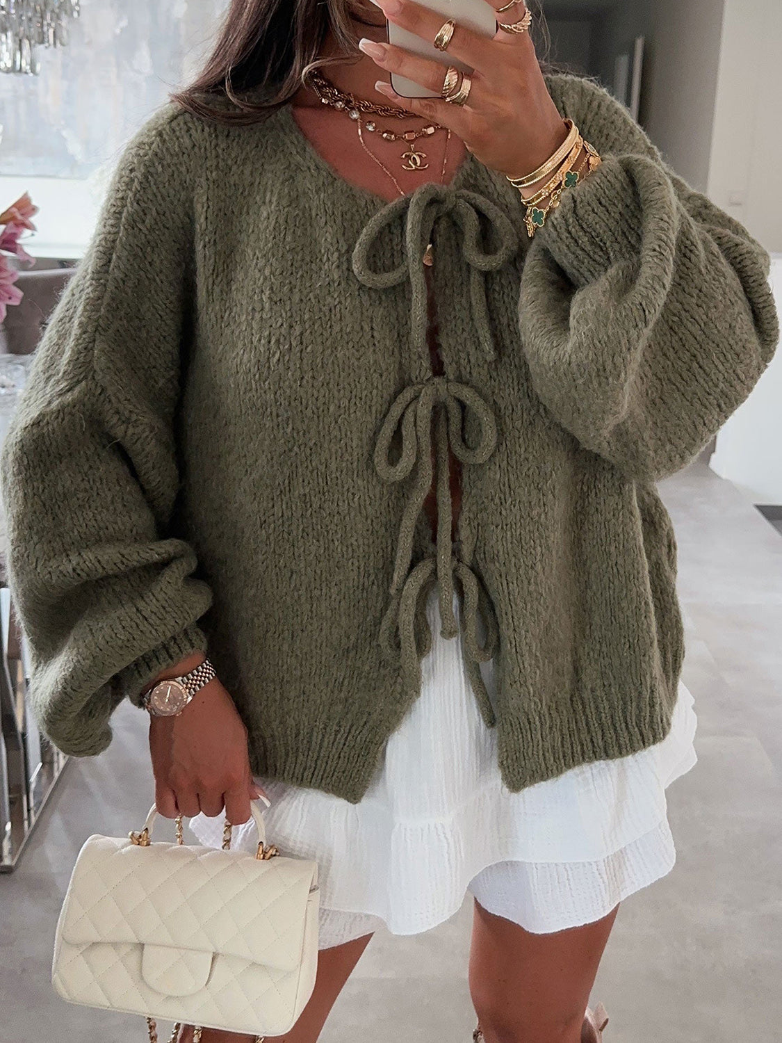 Tied Long Sleeve Dropped Shoulder Cardigan - The Daily Makeover