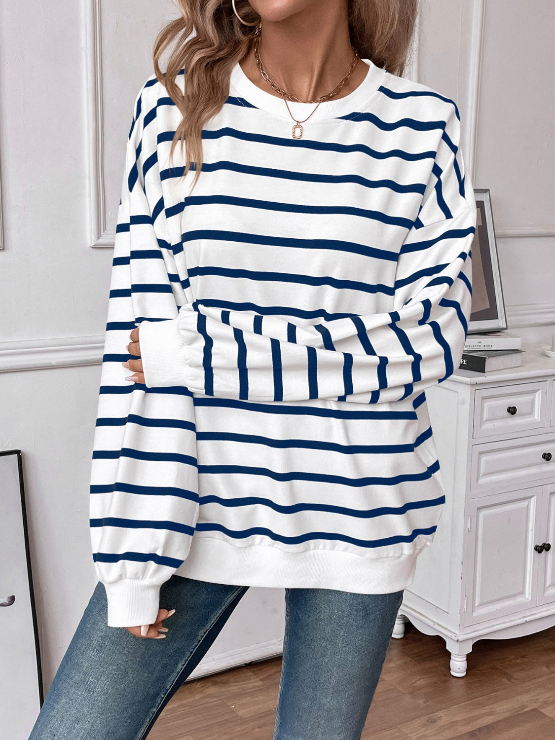 Striped Round Neck Long Sleeve Sweatshirt - The Daily Makeover