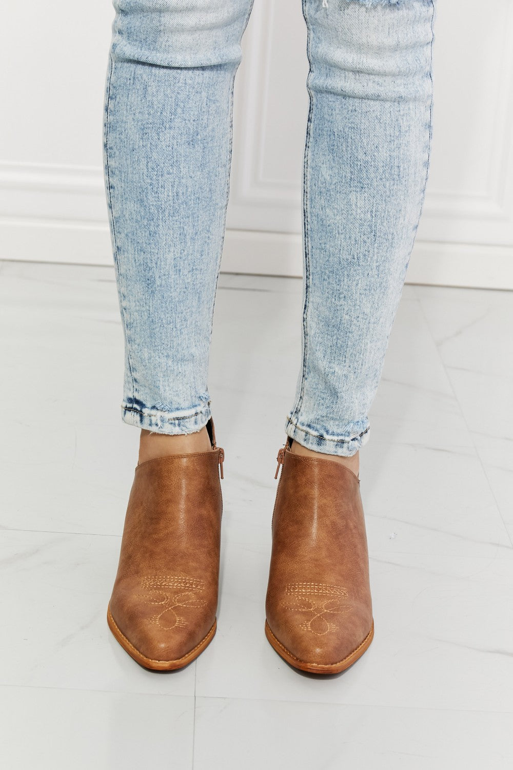 MMShoes Trust Yourself Embroidered Crossover Cowboy Bootie in Caramel - The Daily Makeover
