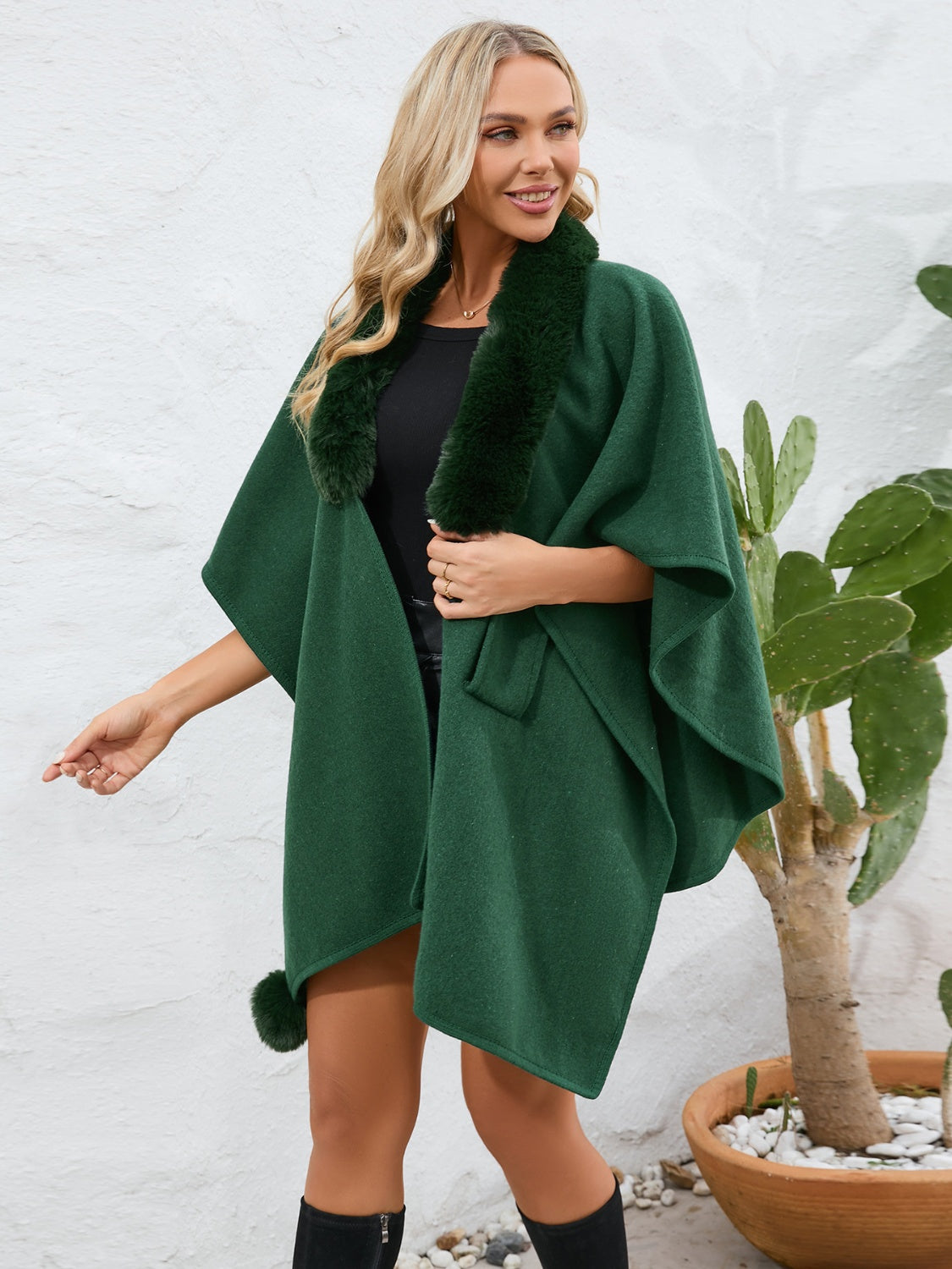 Fuzzy Trim Open Front Poncho - The Daily Makeover