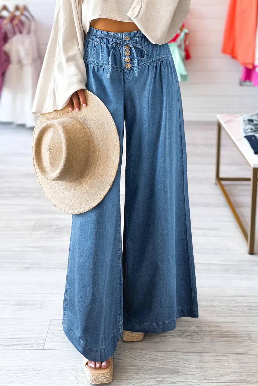 Drawstring Elastic Waist Wide Leg Jeans - The Daily Makeover