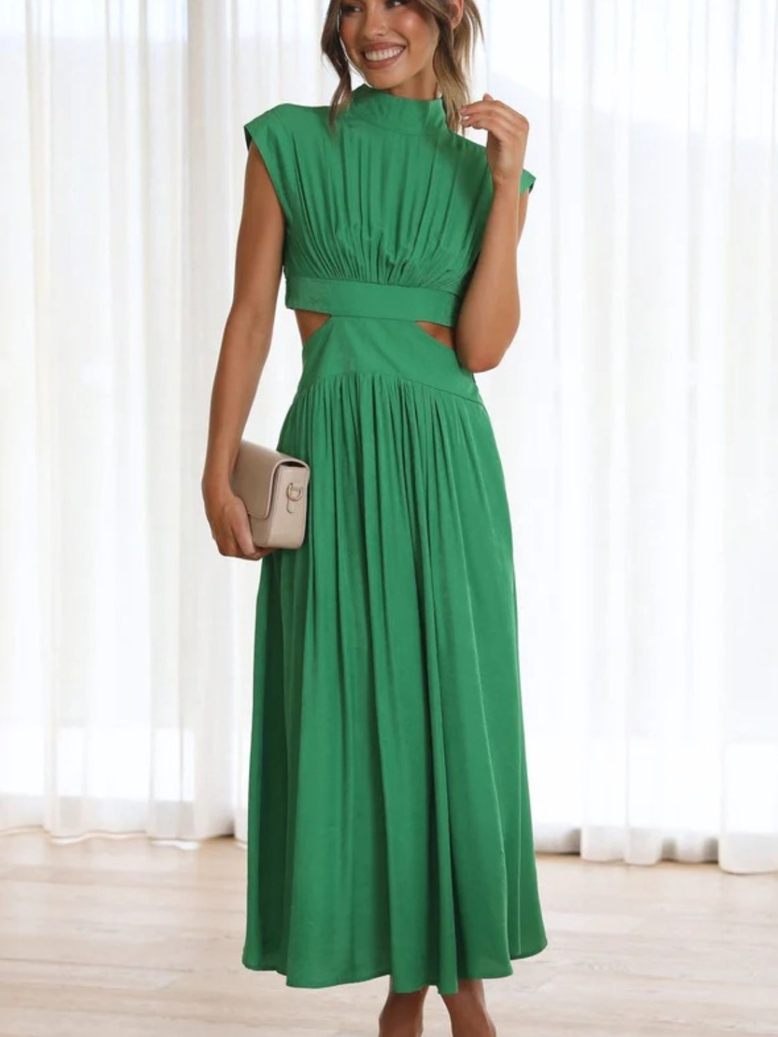 Cutout Mock Neck Sleeveless Ruched Dress - The Daily Makeover