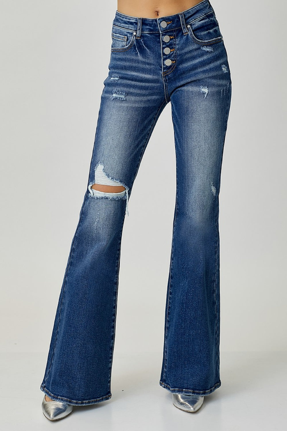 Distressed Button-Fly Flare Jeans - The Daily Makeover