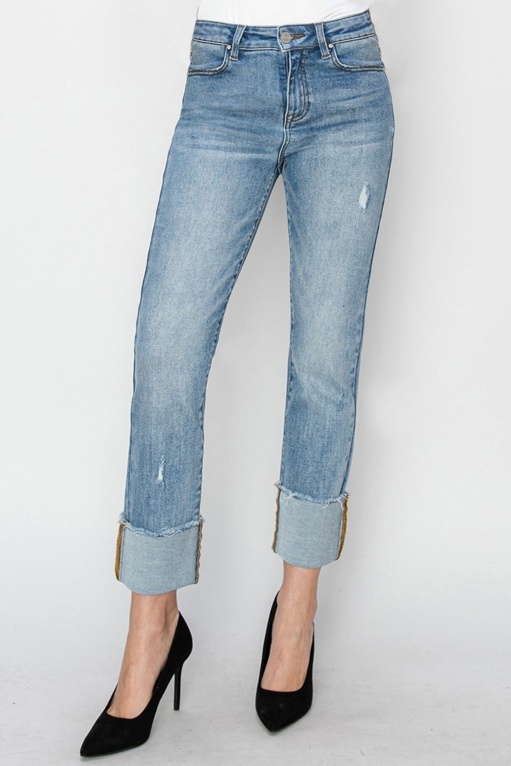 Full Size High Rise Cuffed Slim Straight Jeans - The Daily Makeover