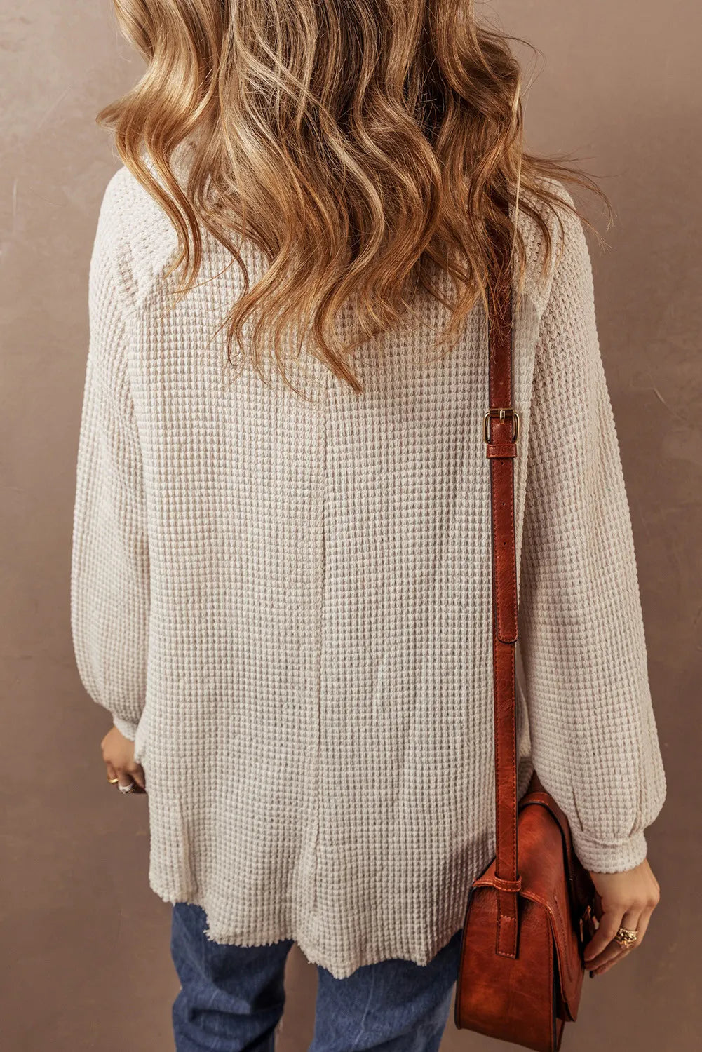 Waffle-Knit Half Button Round Neck Long Sleeve Top - The Daily Makeover