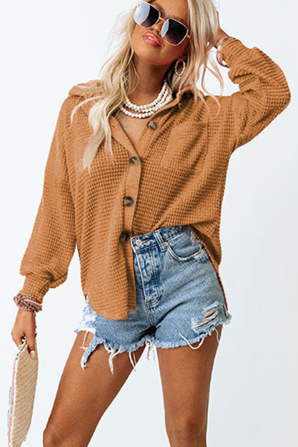 Waffle-Knit Collared Neck Long Sleeve Shirt - The Daily Makeover
