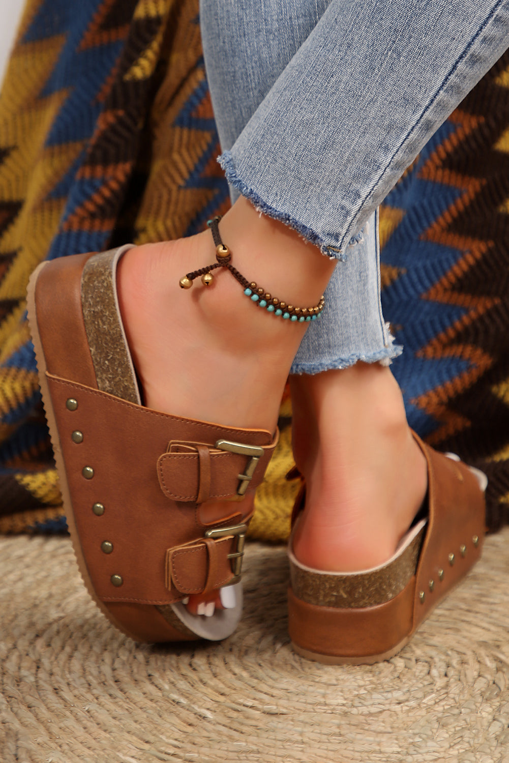 Chestnut Dual Buckle Studded Vintage Platform Slides Shoes - The Daily Makeover
