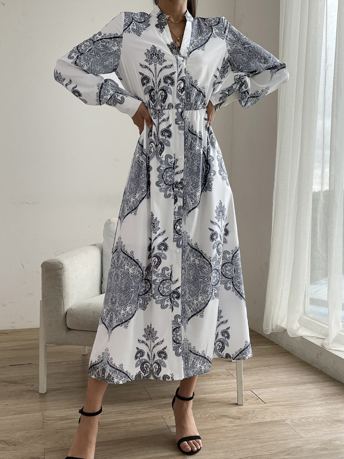 Printed Notched Lantern Sleeve Midi Dress - The Daily Makeover