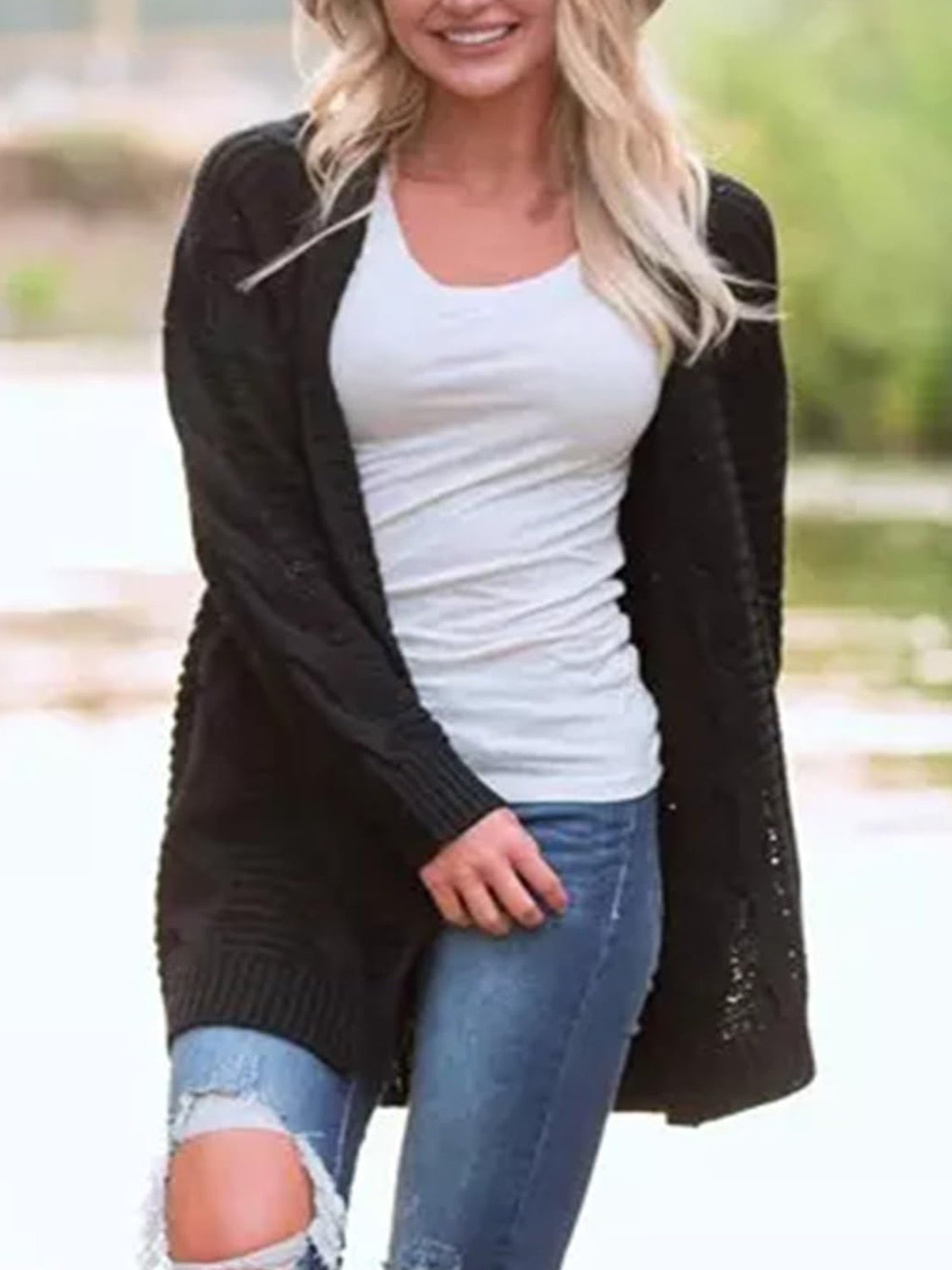 Cable-Knit Open Front Long Sleeve Cardigan - The Daily Makeover