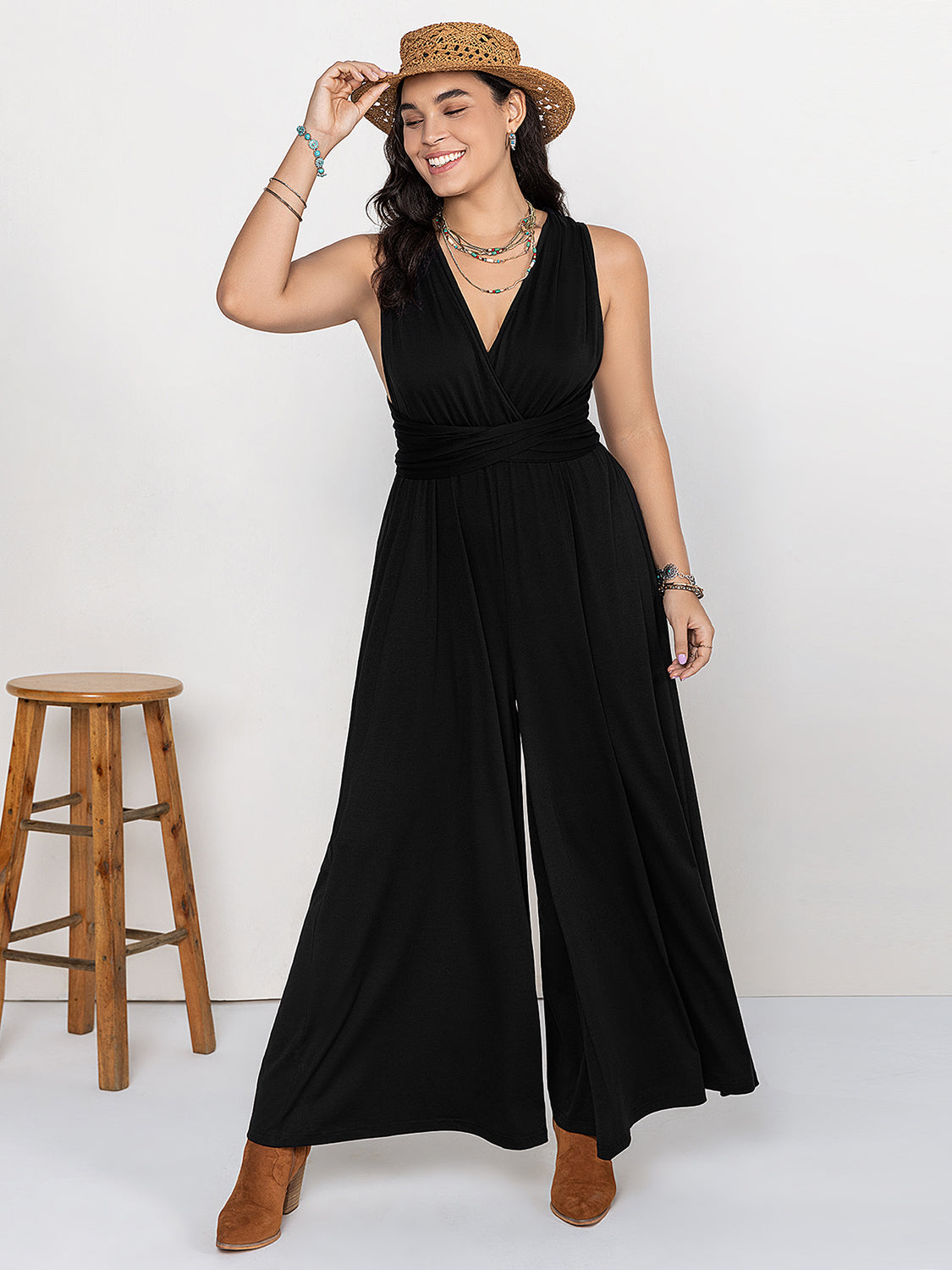 Plus Size V-Neck Wide Leg Jumpsuit - The Daily Makeover