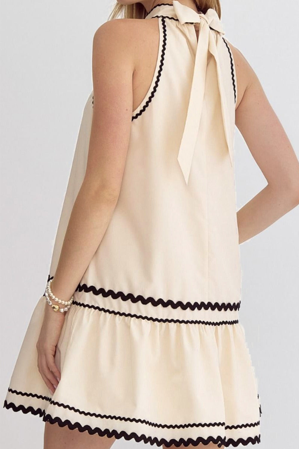Khaki Striped Ricrac Sleeveless Mini Dress - The Daily Makeover