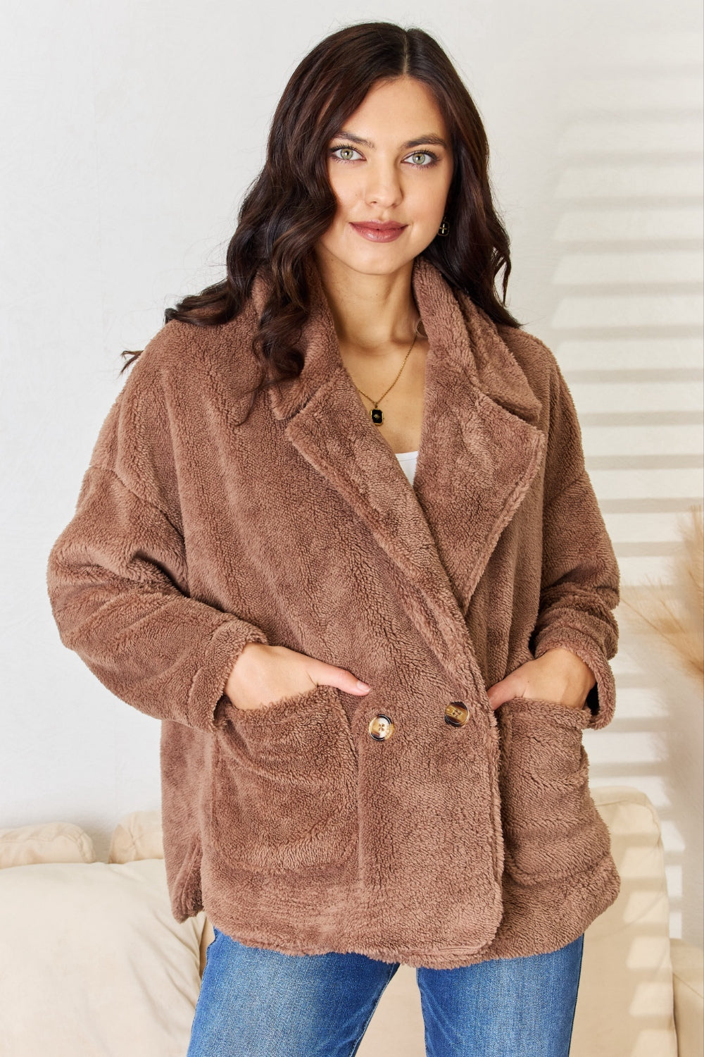 Culture Code Double Breasted Fuzzy Coat - The Daily Makeover