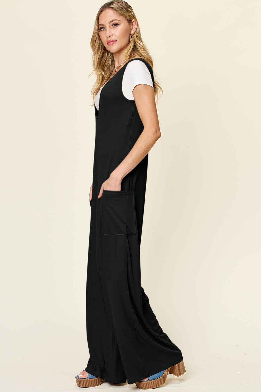 Double Take Full Size Sleeveless Wide Leg Jumpsuit with Pockets - The Daily Makeover