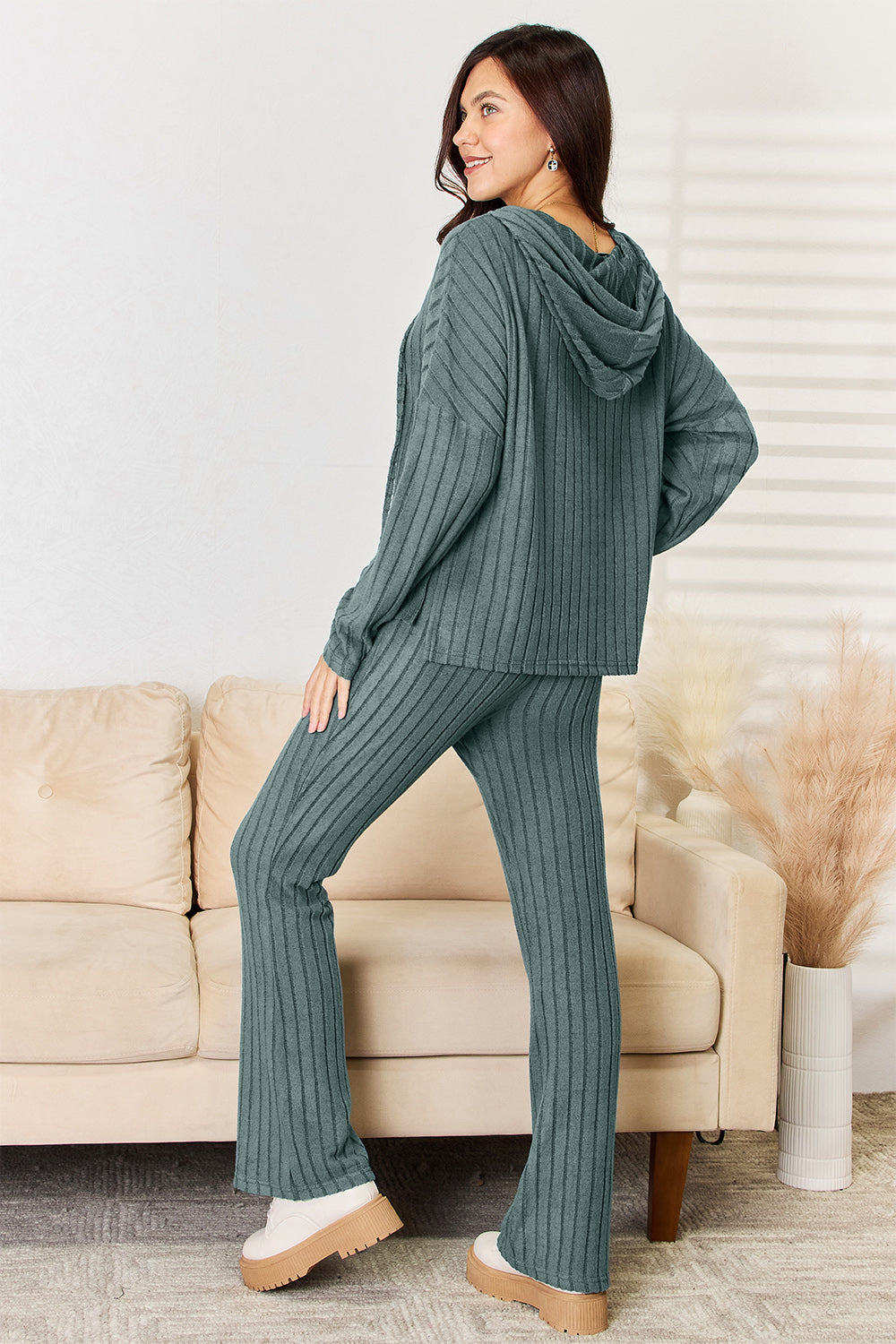 Basic Bae Full Size Ribbed Drawstring Hooded Top and Straight Pants Set - The Daily Makeover