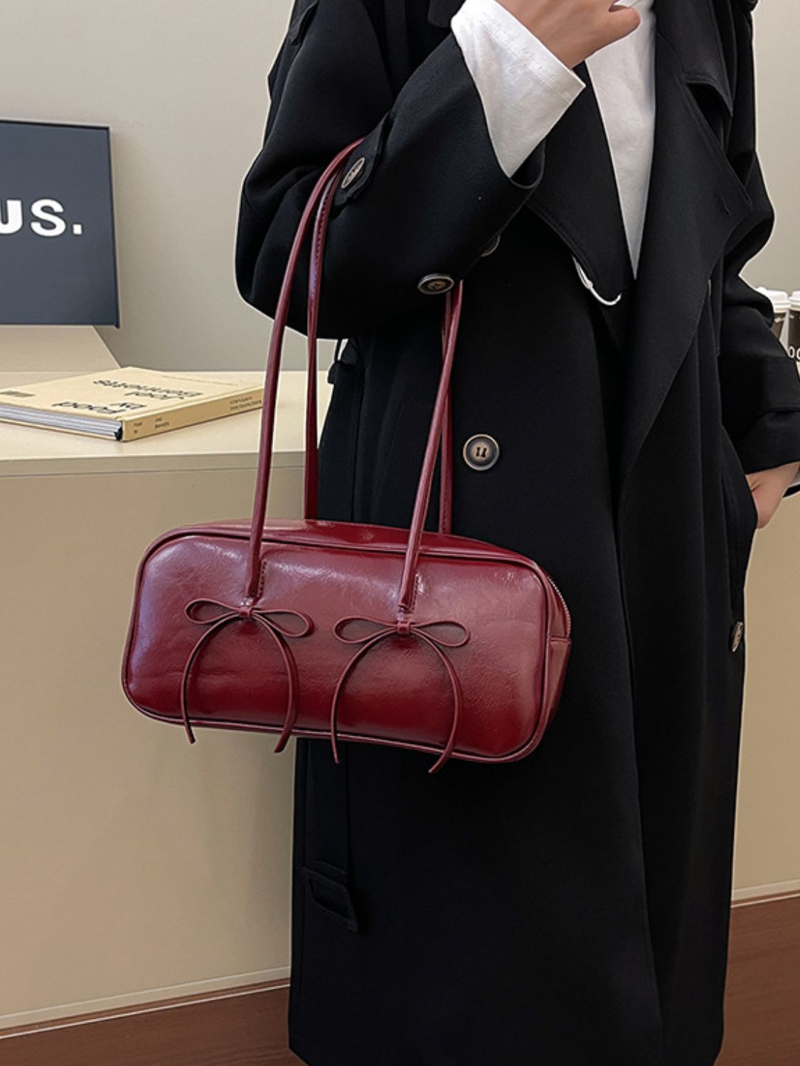 PU Leather Bow Trim Shoulder Bag - The Daily Makeover