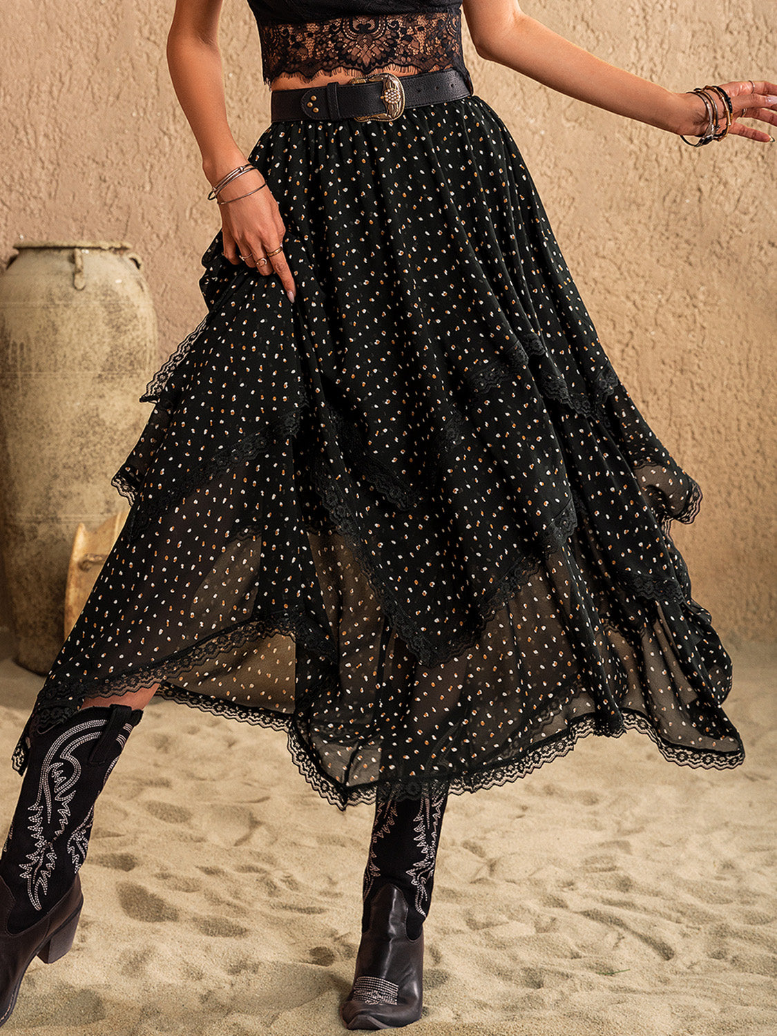 Lace Detail Layered Midi Skirt - The Daily Makeover