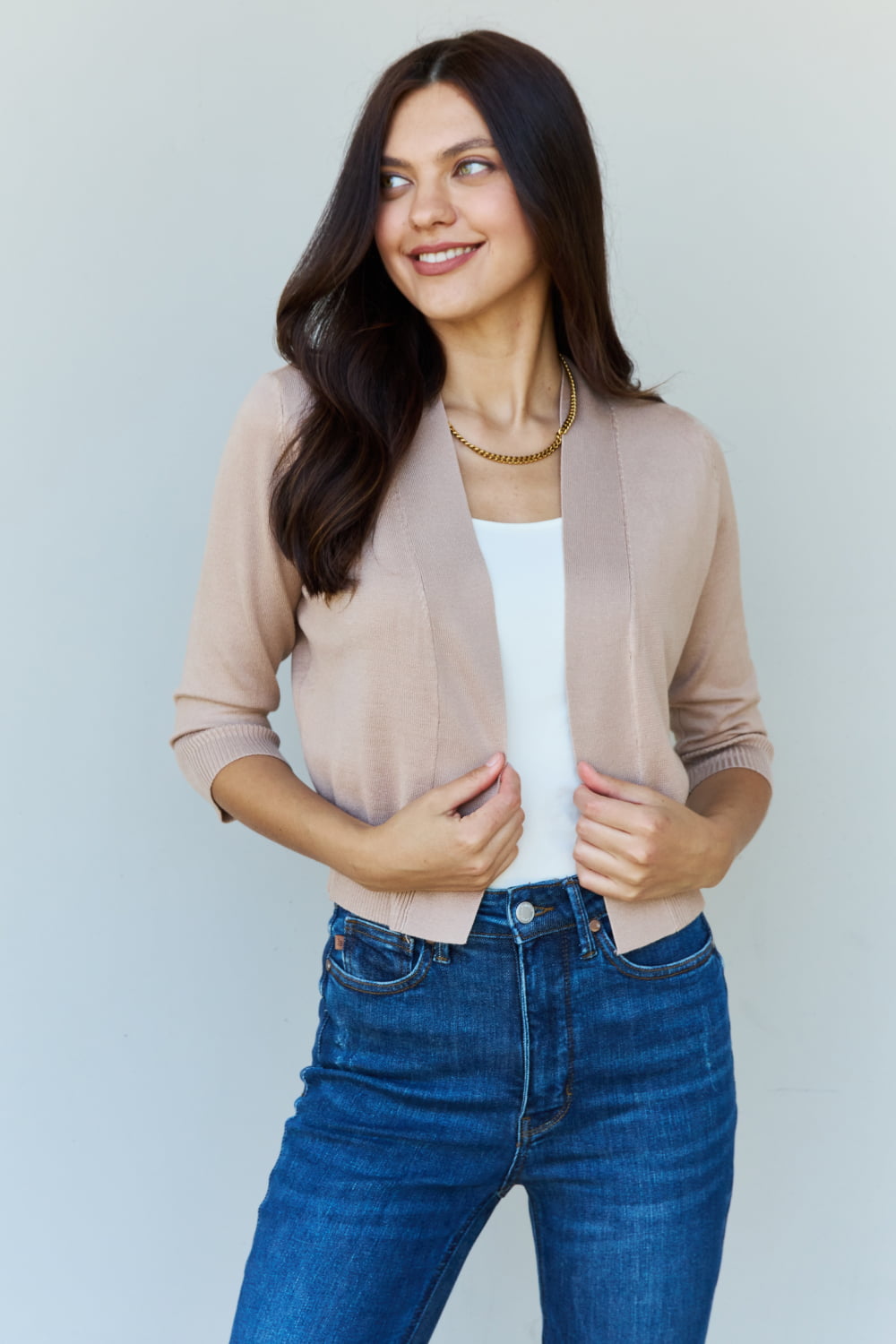 Doublju My Favorite Full Size 3/4 Sleeve Cropped Cardigan in Khaki - The Daily Makeover