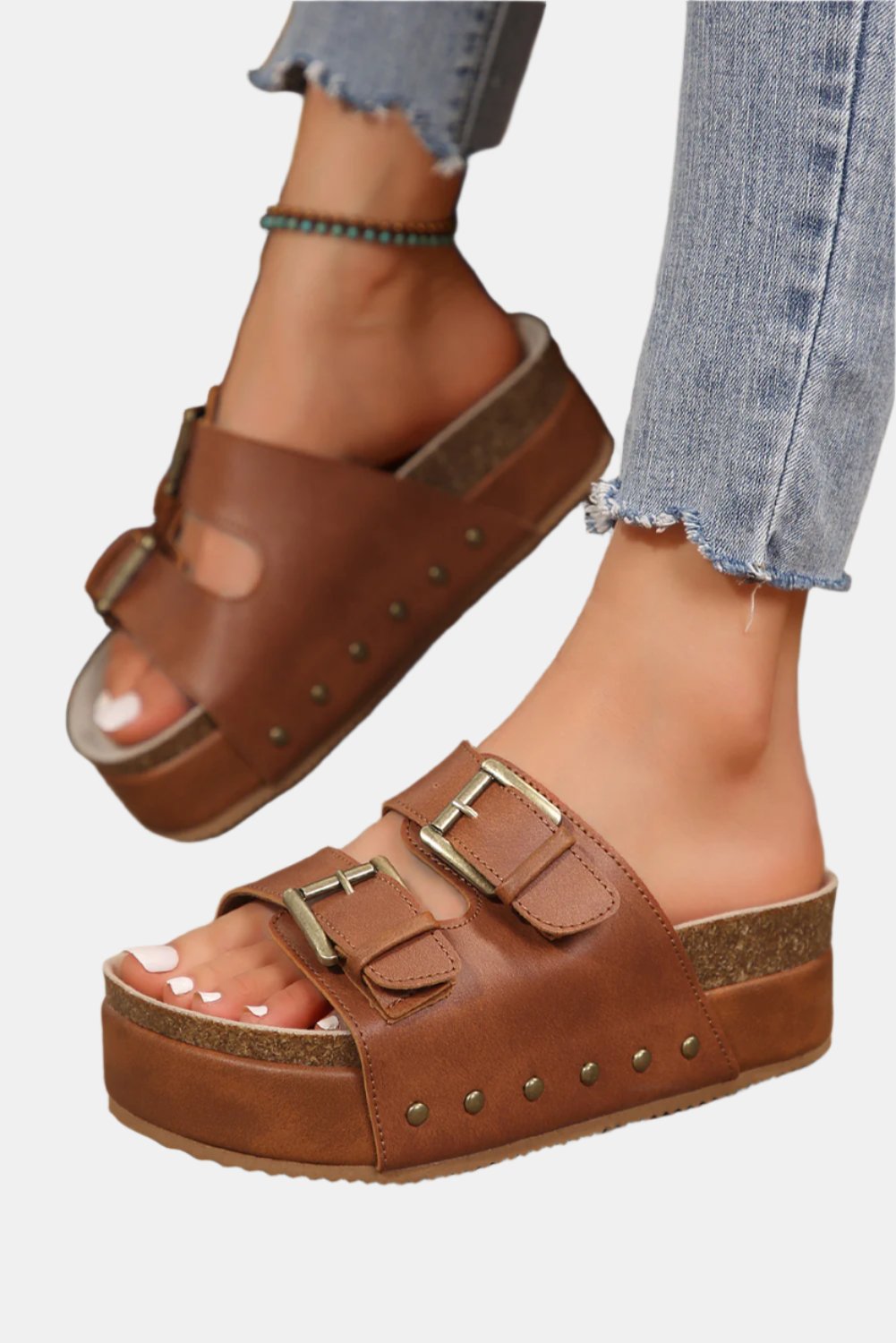 Chestnut Dual Buckle Studded Vintage Platform Slides Shoes - The Daily Makeover