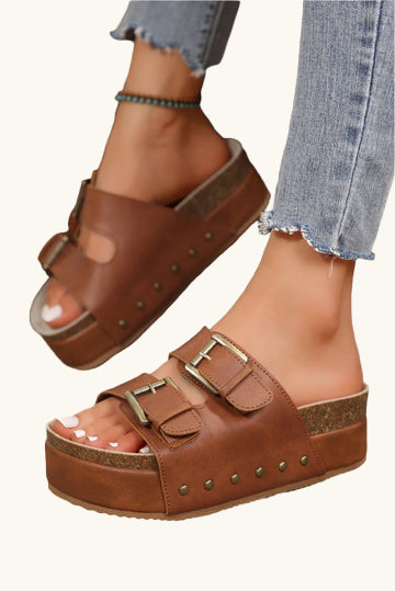 Chestnut Dual Buckle Studded Vintage Platform Slides Shoes - The Daily Makeover