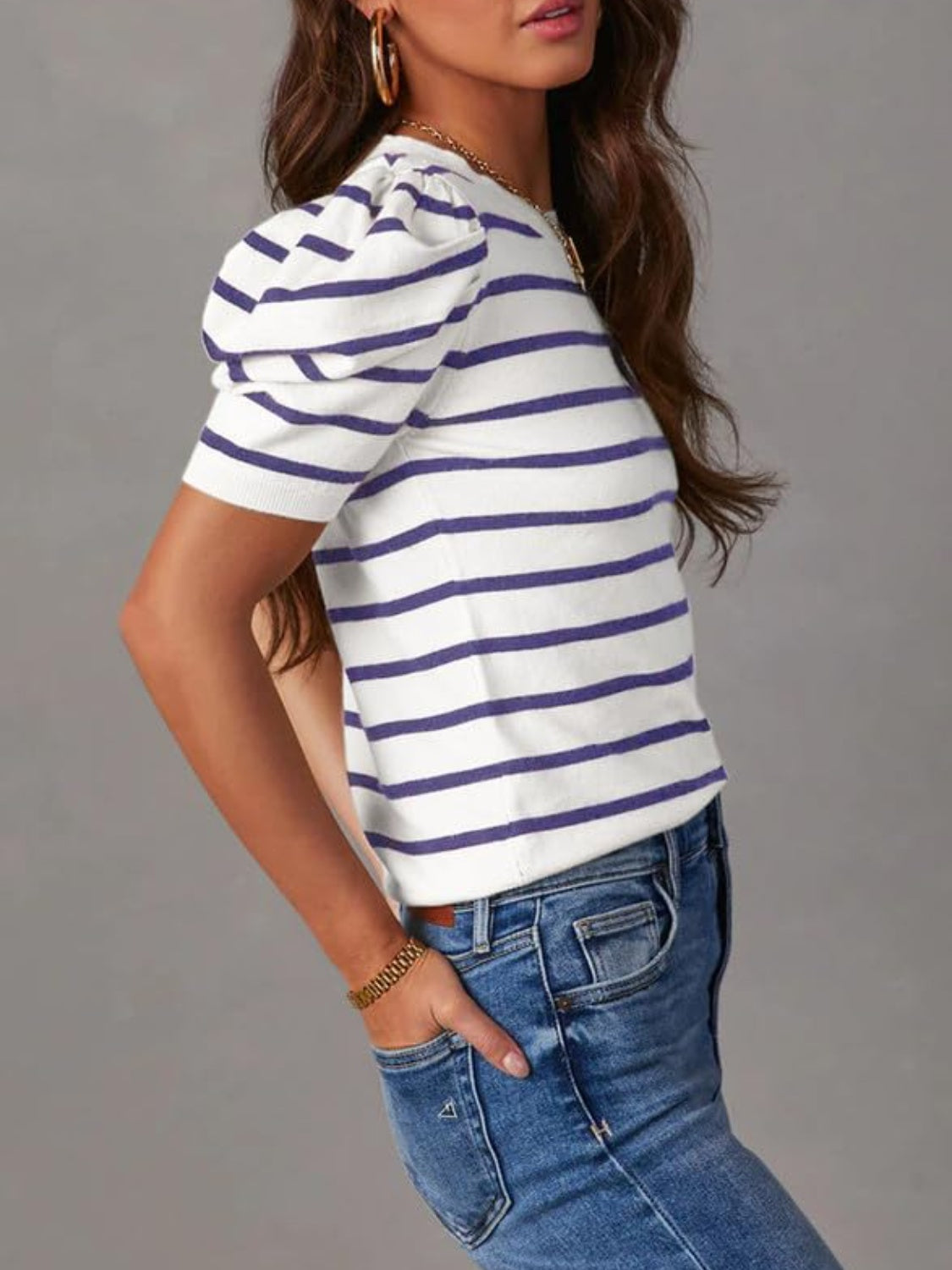 Striped Round Neck Puff Sleeve Knit Top - The Daily Makeover