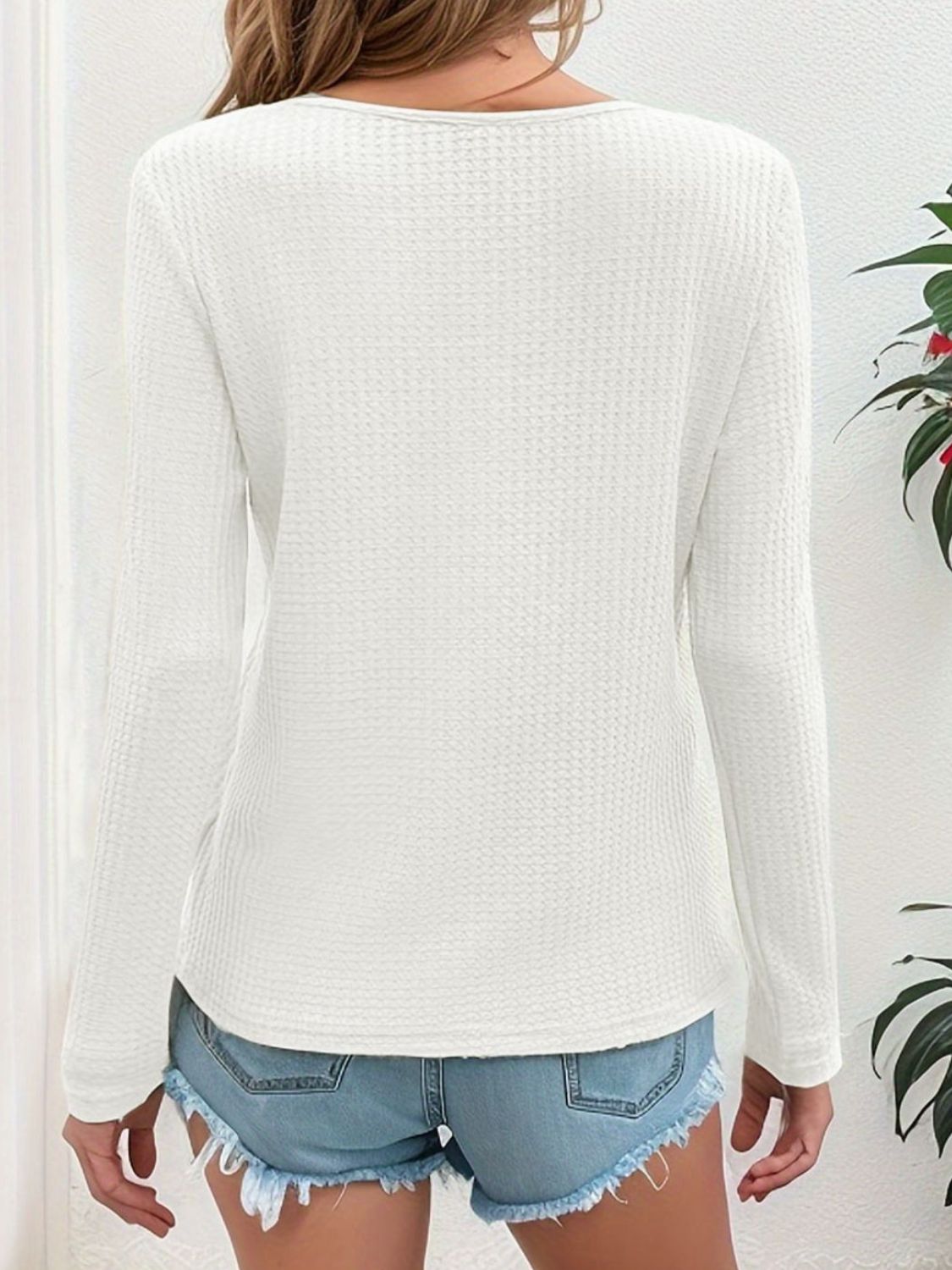 Waffle-Knit V-Neck Long Sleeve Top - The Daily Makeover