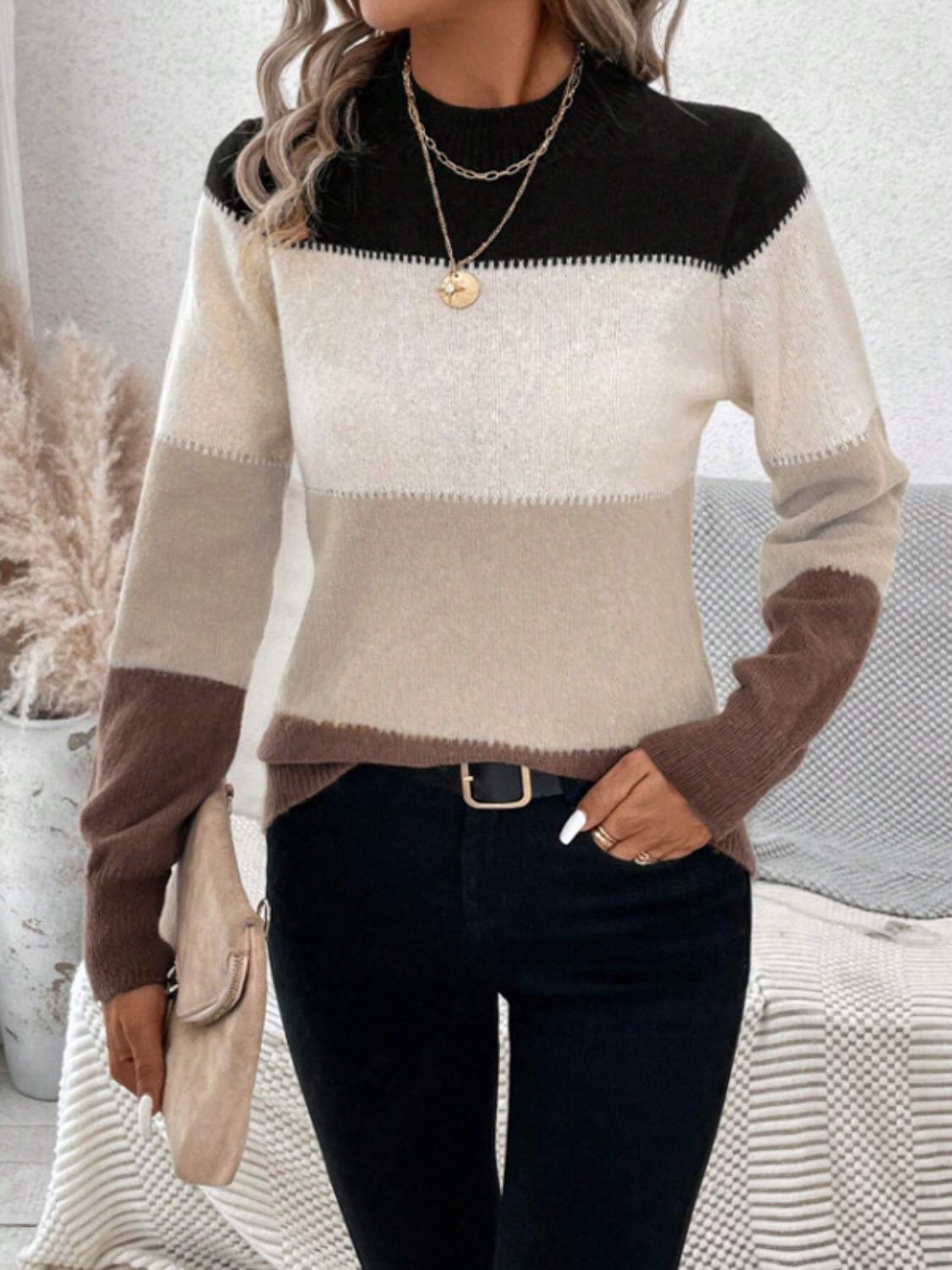 Color Block Mock Neck Long Sleeve Sweater - The Daily Makeover