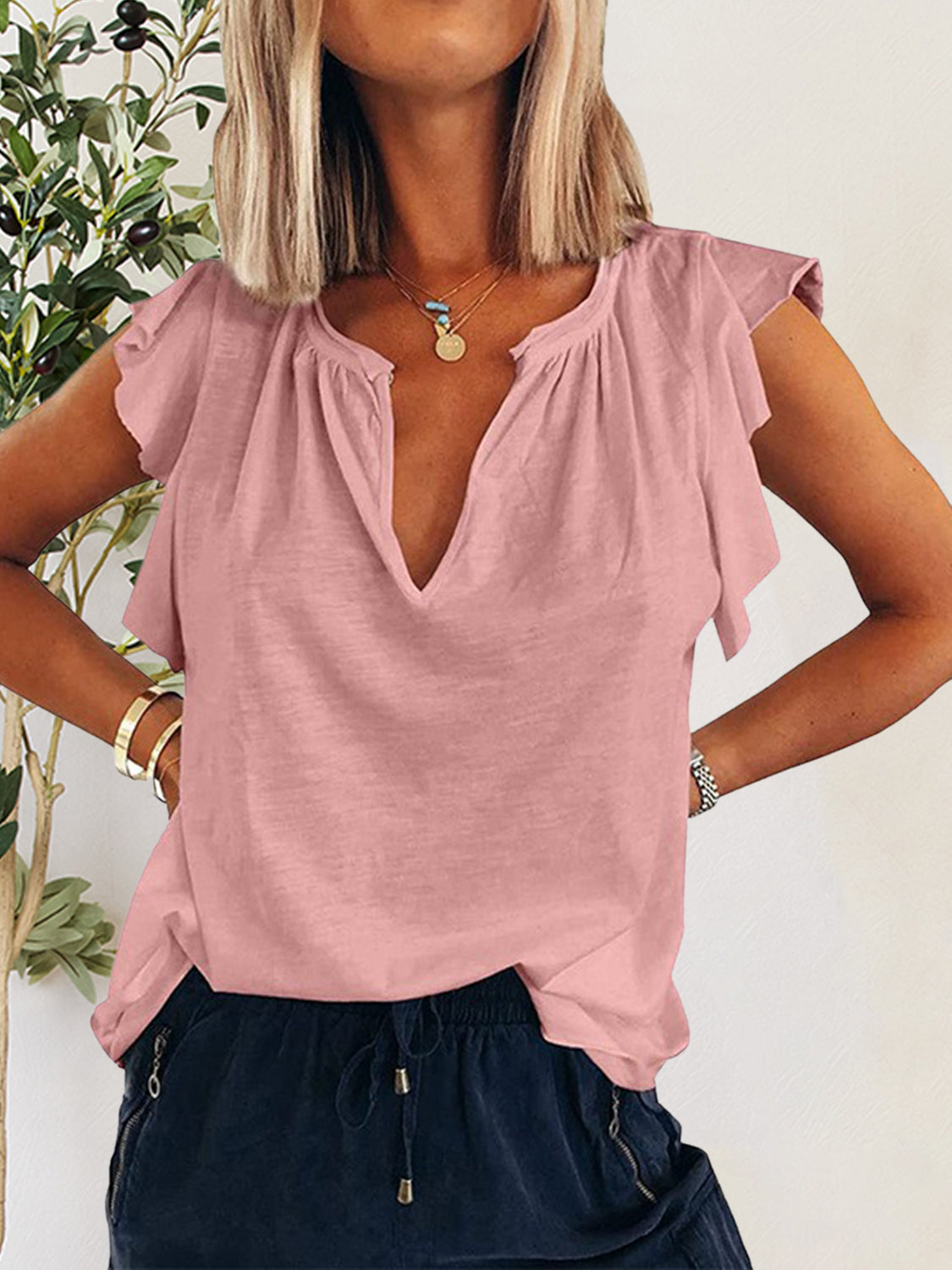 Ruffled Notched Cap Sleeve T-Shirt - The Daily Makeover
