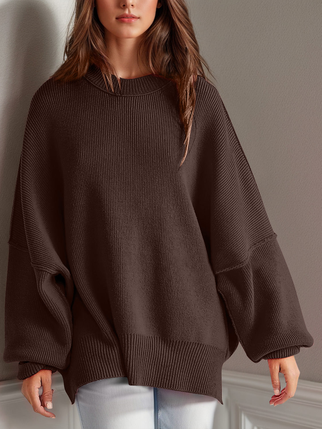 Double Take Side Slit Round Neck Long Sleeve Sweater - The Daily Makeover