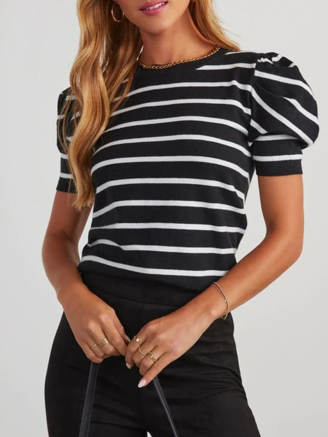Striped Round Neck Puff Sleeve Knit Top - The Daily Makeover