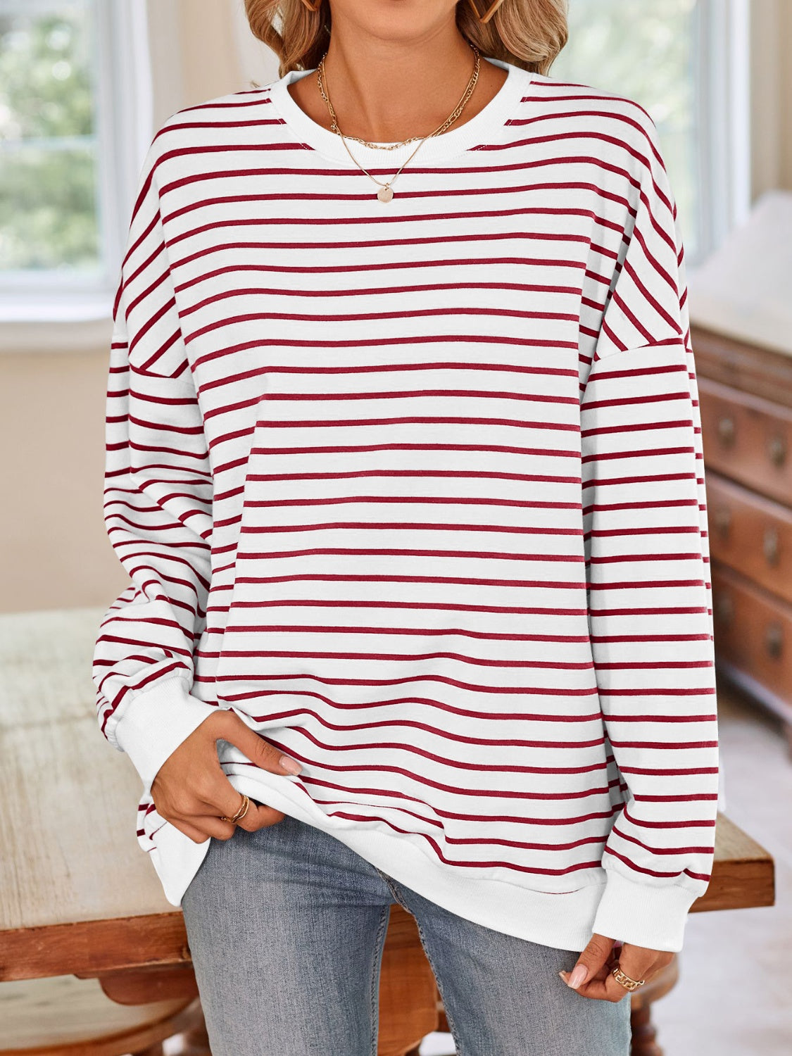 Lovelet Striped Round Neck Long Sleeve Sweatshirt - The Daily Makeover