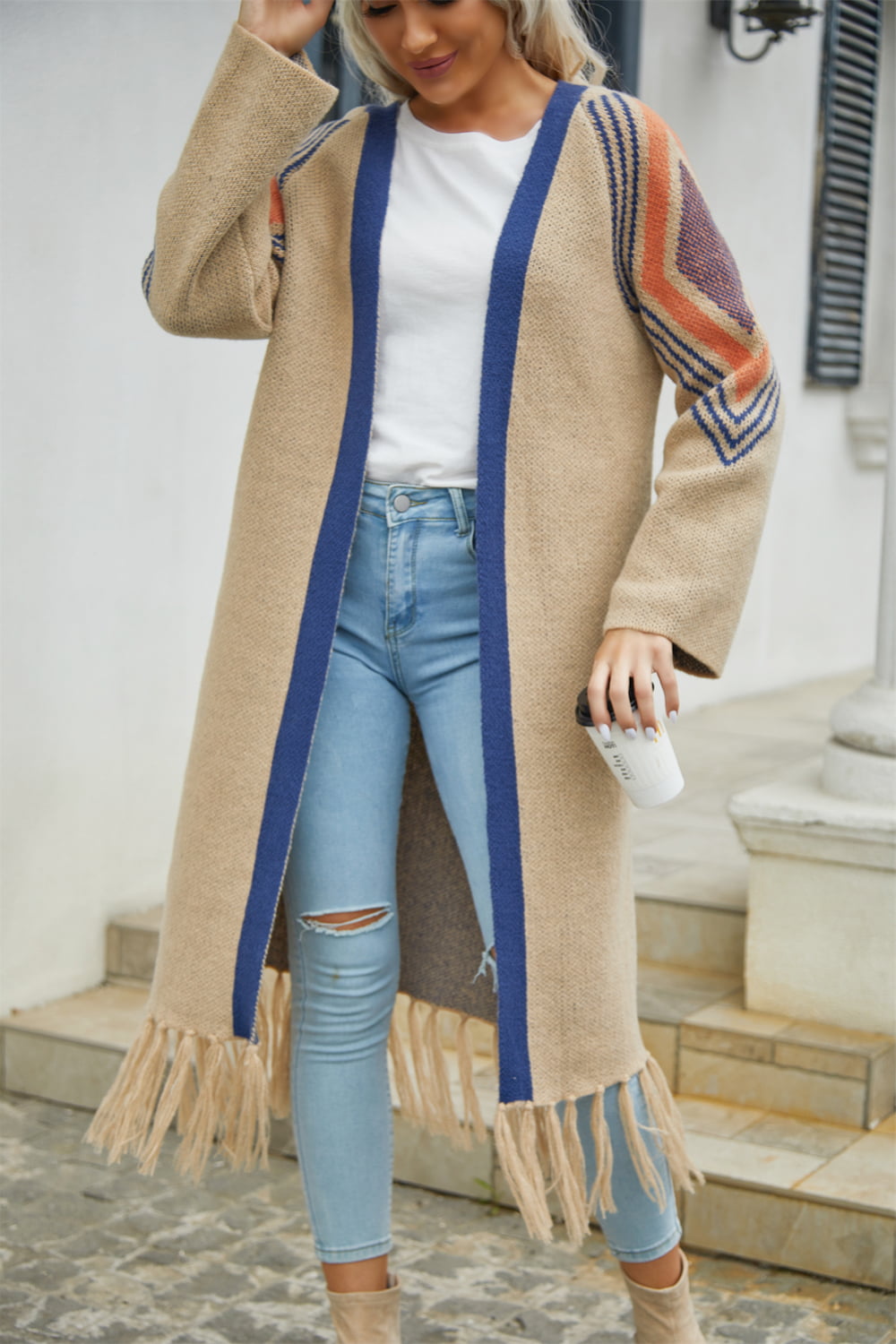 Angel Wings Geometric Fringe Hem Open Front Duster Cardigan - The Daily Makeover