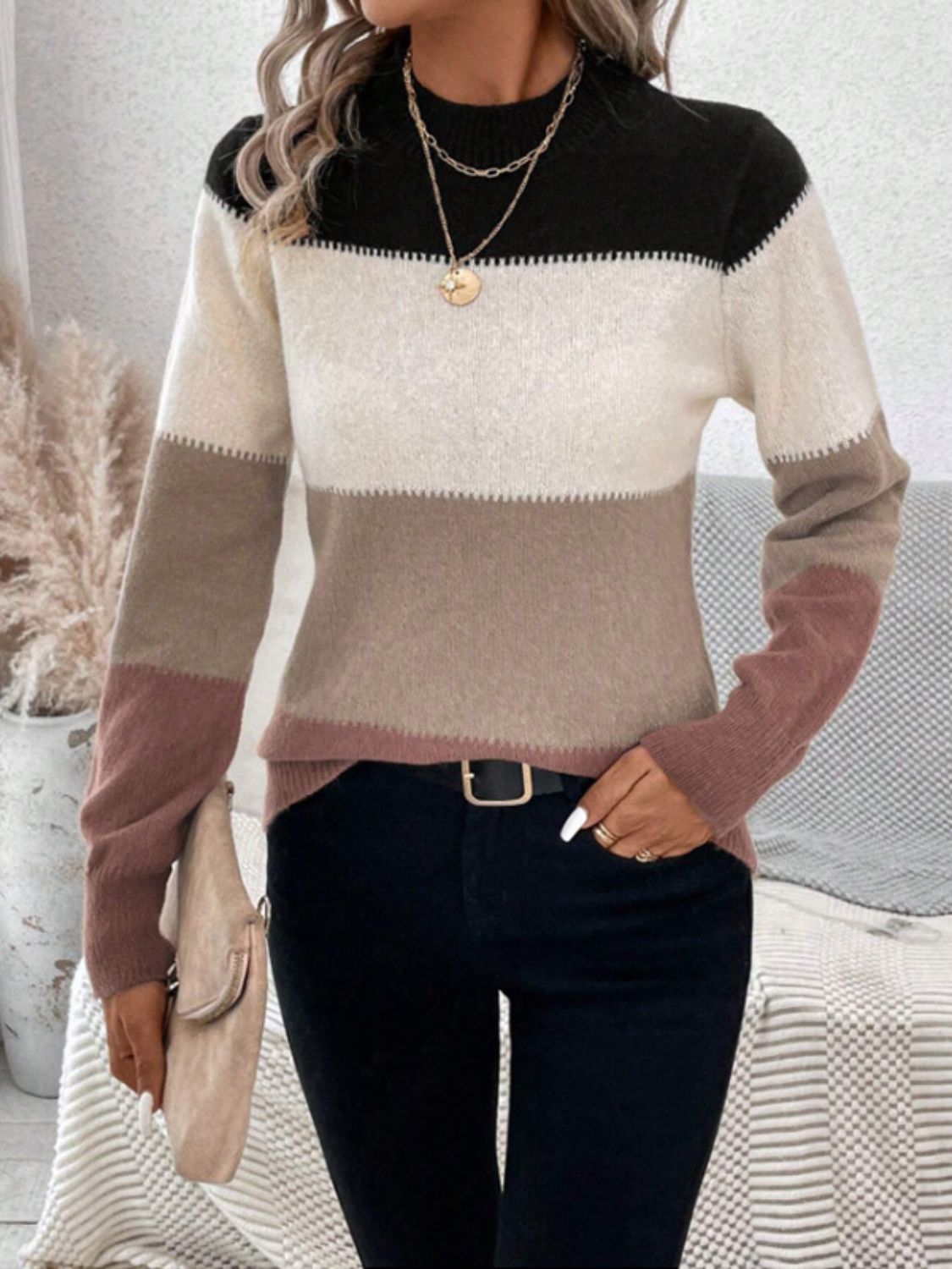 Color Block Mock Neck Long Sleeve Sweater - The Daily Makeover