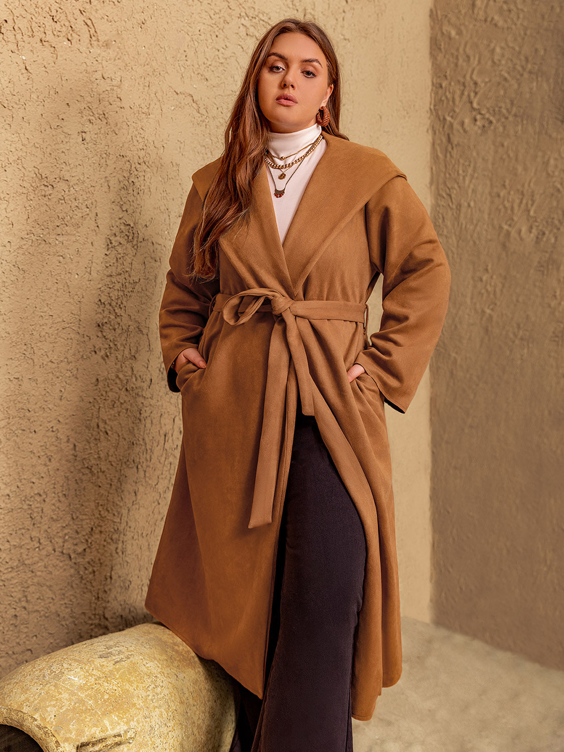 Plus Size Tied Long Sleeve Hooded Coat with Pockets - The Daily Makeover