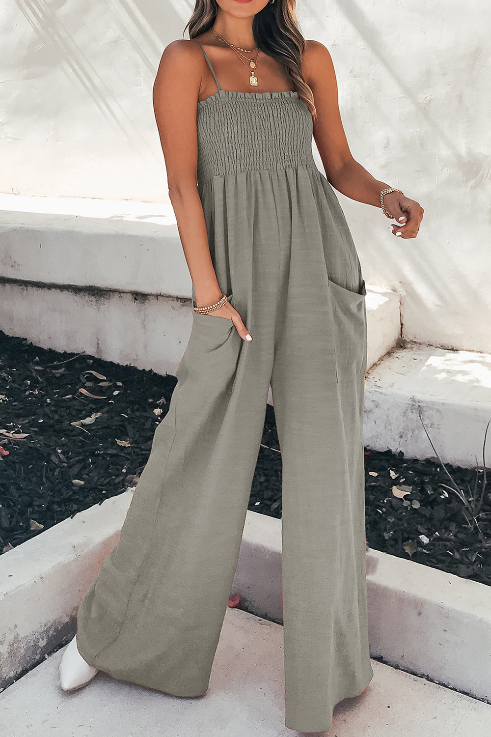 Smocked Spaghetti Strap Wide Leg Jumpsuit - The Daily Makeover
