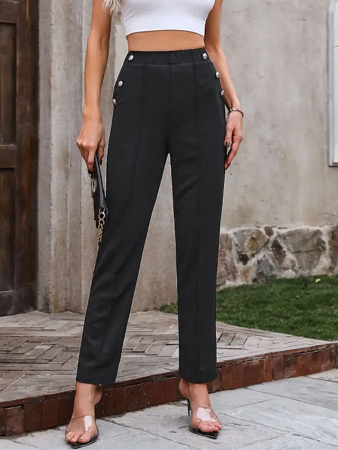 Decorative Button Elastic Waist Pants - The Daily Makeover