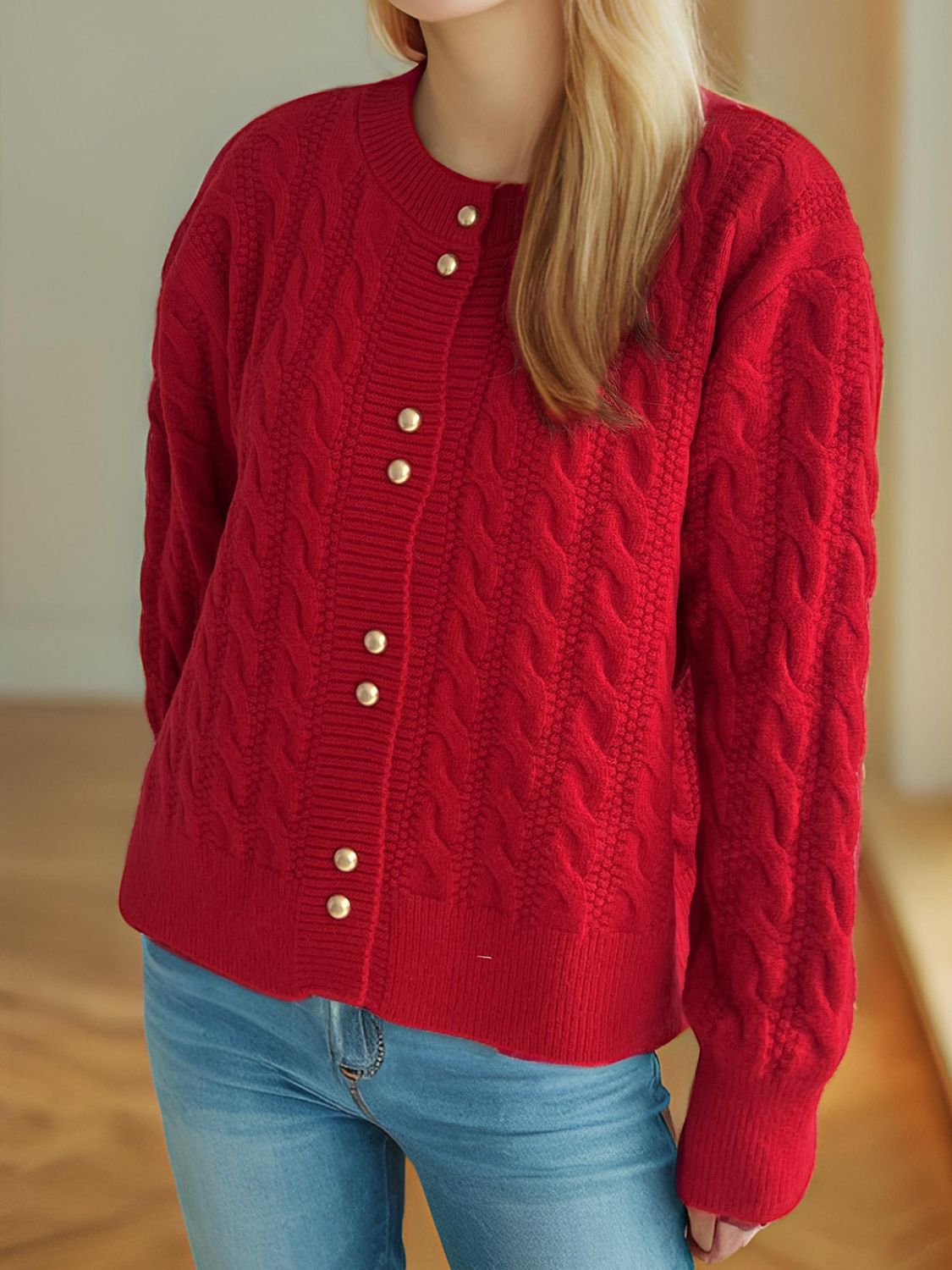 Cable-Knit Round Neck Long Sleeve Cardigan - The Daily Makeover