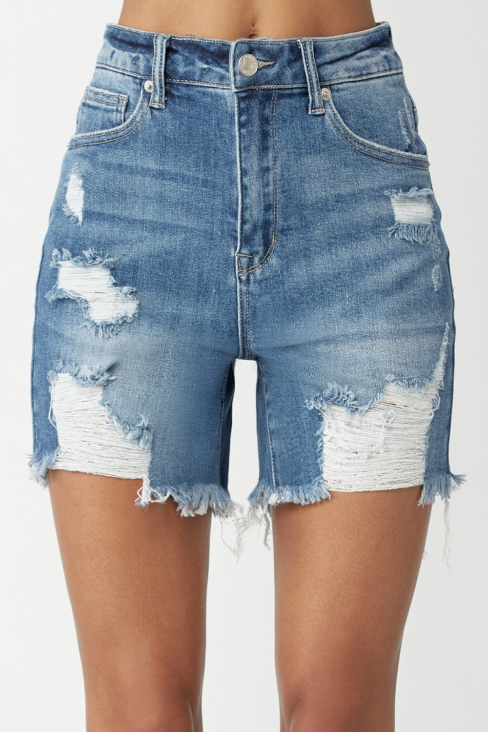 RISEN High Waisted Distressed Denim Shorts - The Daily Makeover