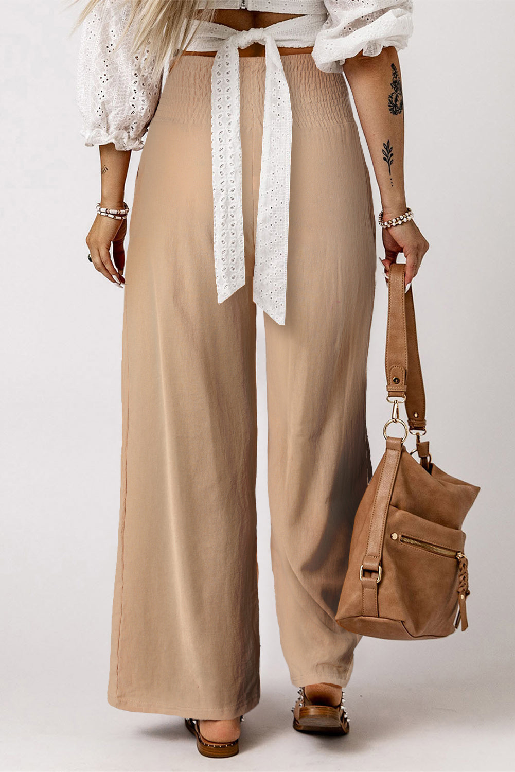 Khaki Smocked Wide Waistband High Waist Wide Leg Pants - The Daily Makeover