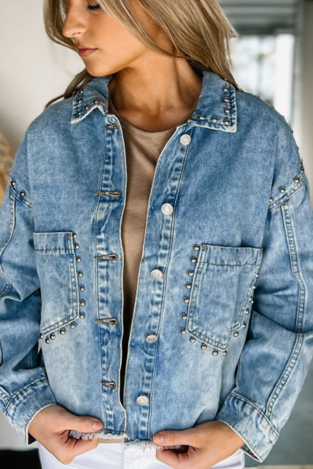 Studded Acid Wash Long Sleeve Denim Jacket - The Daily Makeover