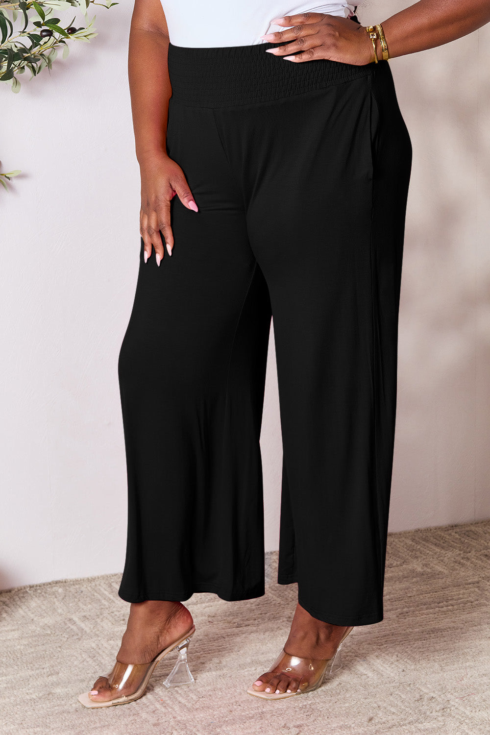 Double Take Full Size Smocked Wide Waistband Wide Leg Pants - The Daily Makeover