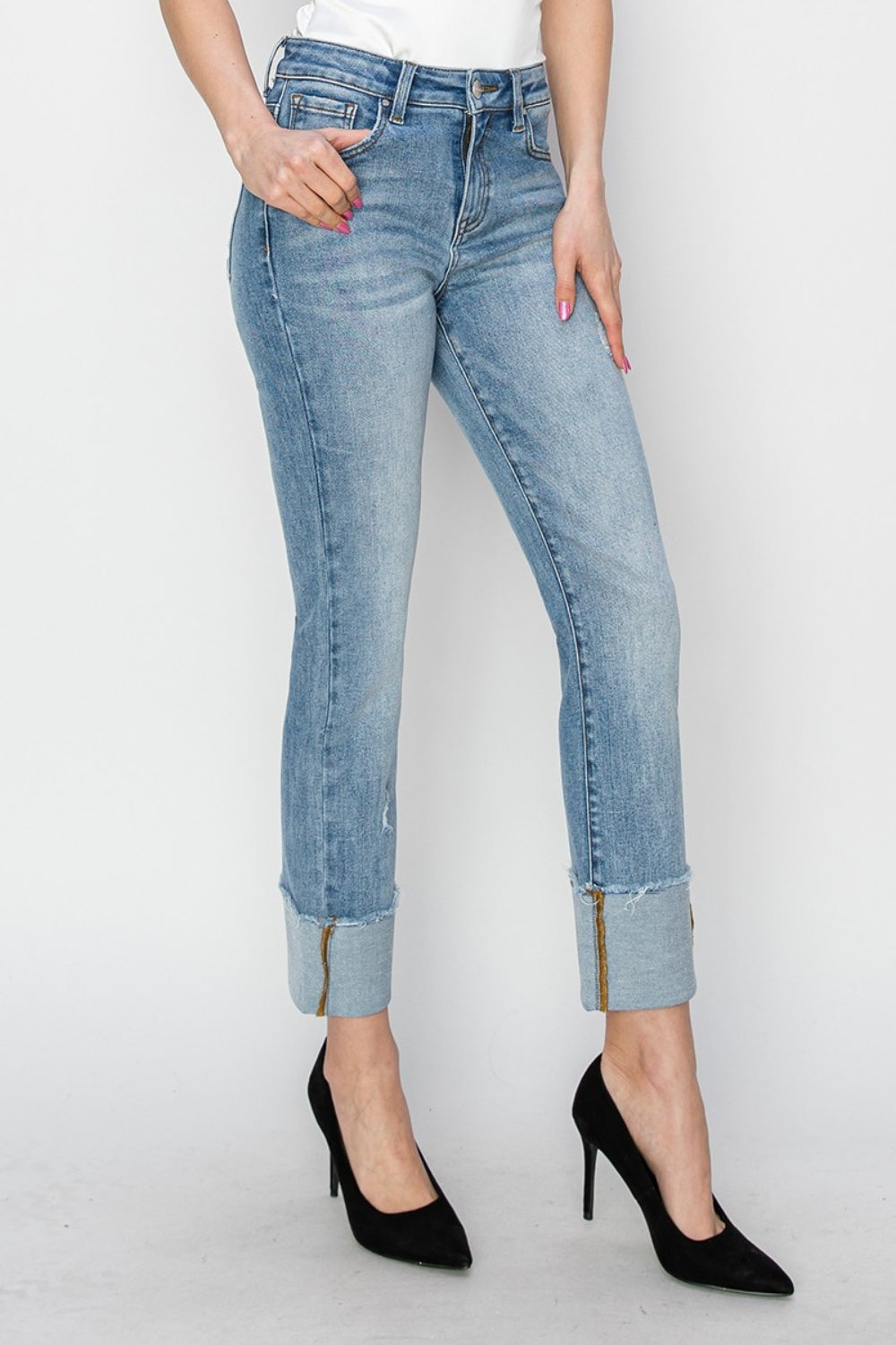Full Size High Rise Cuffed Slim Straight Jeans - The Daily Makeover