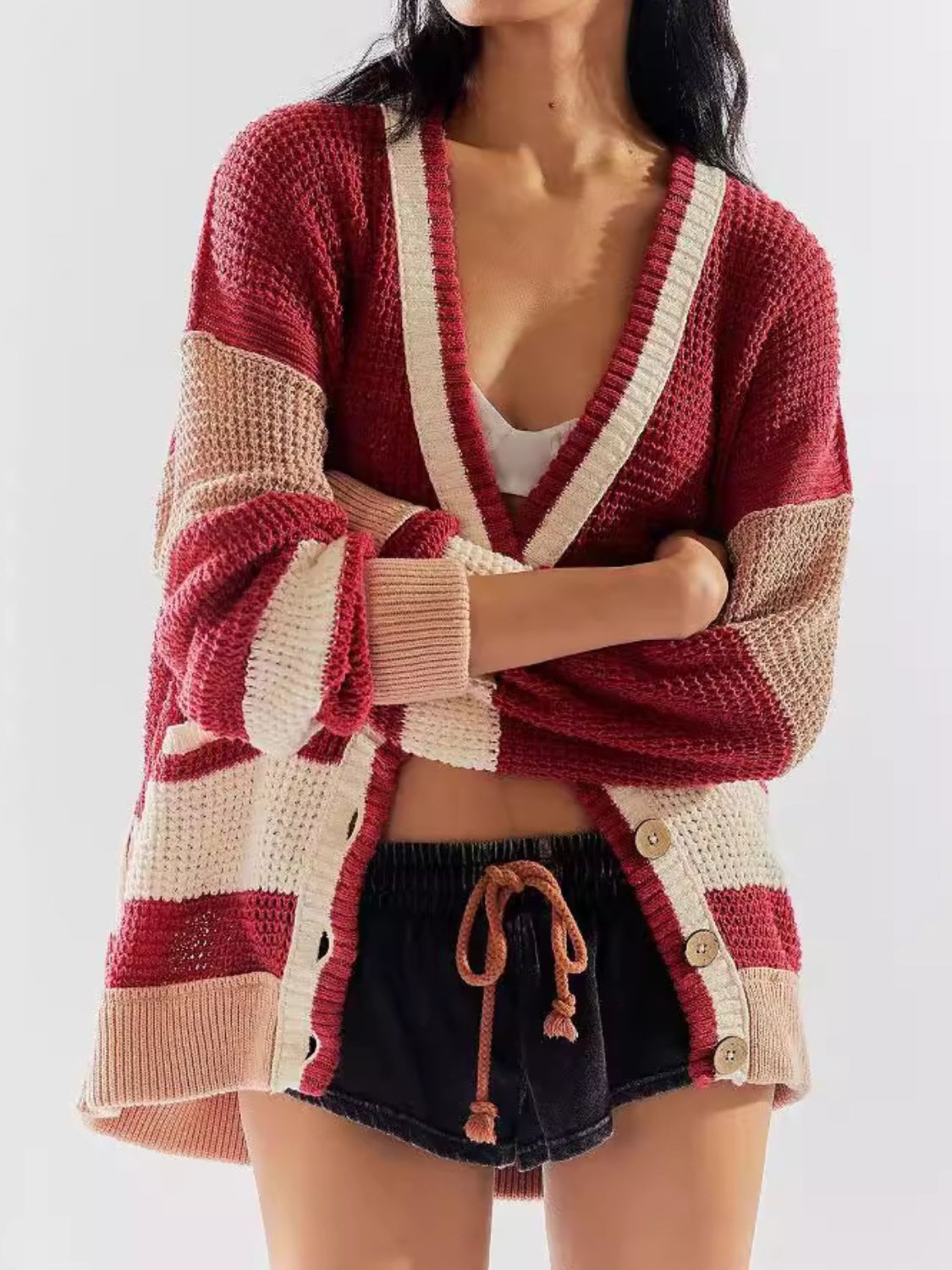 Pocketed Contrast V-Neck Long Sleeve Cardigan - The Daily Makeover