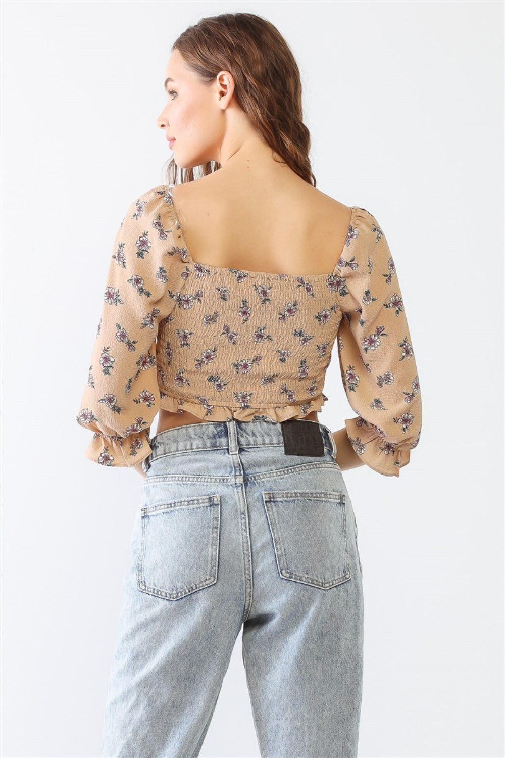 Miss Love / Kevin Co. Floral Ruffle Smocked Back Ruched Crop Top - The Daily Makeover