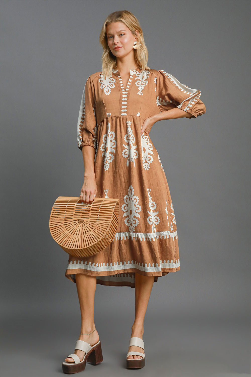 Umgee Full Size Printed Notched Midi Dress - The Daily Makeover