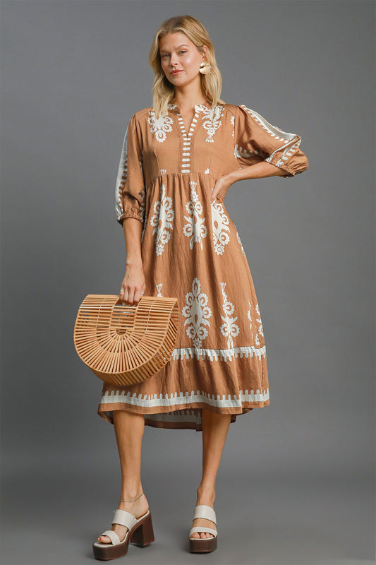 Umgee Full Size Printed Notched Midi Dress - The Daily Makeover